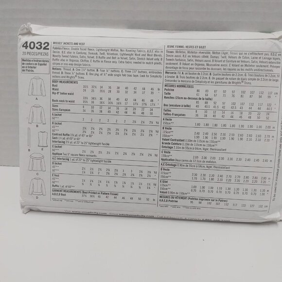 Misses Jackets and Vest Sewing Pattern 16-24 Simplicity 4032 - Picture 2 of 2